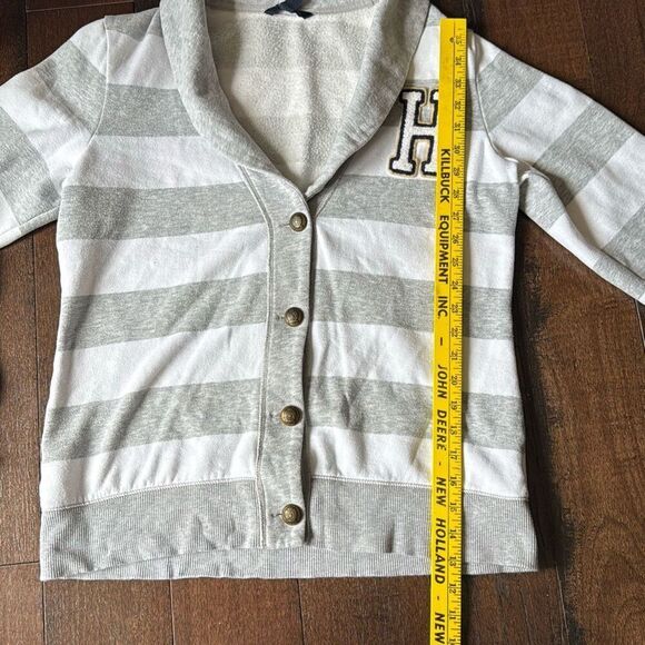 Tommy Hilfiger varsity shawl collar cardigan sweater womens size large gray whit - Picture 11 of 12